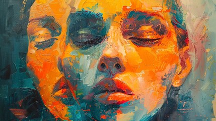 Obraz premium Oil paint, abstracted identity, layered faces, sunset, close focus, textured complexity. 