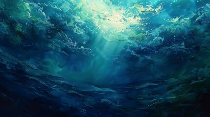 Oil paint, deep sea mystery, dark blues and greens, twilight, wide angle, abyssal shadows.