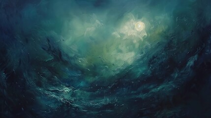 Fototapeta na wymiar Oil paint, deep sea mystery, dark blues and greens, twilight, wide angle, abyssal shadows. 