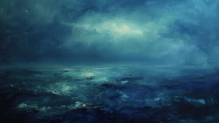 Oil paint, deep sea mystery, dark blues and greens, twilight, wide angle, abyssal shadows.  - obrazy, fototapety, plakaty