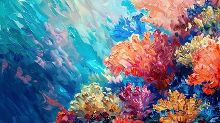 Oil painting, coral reef colors, vibrant underwater palette, daylight, close-up, textured corals. 