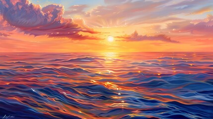 Fototapeta premium Oil painting, ocean sunset, warm and cool contrasts, evening, panoramic, reflective water surface. 