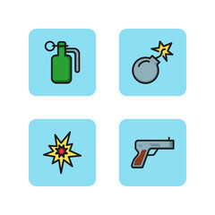 Naklejka premium Danger line icon set. Pistol, grenade, bomb and explosion. Icons of armed attack. Can be used for signboards, web design, pictogram