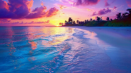 Beautiful twilight Sunset beach with silky wave ,white sand and tropical plant. - obrazy, fototapety, plakaty