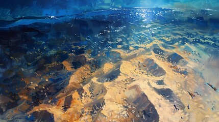 Abstract Oil painting, ocean floor, textured sands and shadows, midday, wide angle, sunken treasures. 