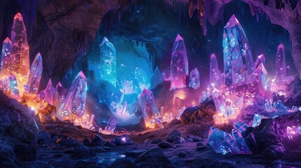 Ethereal Cavern Cuisine Glowing Crystal Lit Owls Dining in Mystical Subterranean Realm - obrazy, fototapety, plakaty