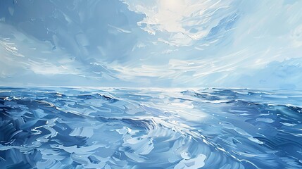 AbstractOil painting, arctic waters, icy blues and whites, dawn light, panoramic view, frozen ripples.