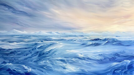 AbstractOil painting, arctic waters, icy blues and whites, dawn light, panoramic view, frozen ripples.  - obrazy, fototapety, plakaty
