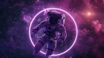 astronaut with a neon circle in space. concept wallpaper in high resolution