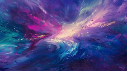 Abstract Oil painting, aurora on alien planet, spectral hues, dawn light, wide angle, atmospheric shimmer. 