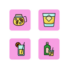 Different drinks line icon set. Alcohol and non-alcohol products. Fruit tea, cocktails and whiskey. Lounge concept. Can be used to topics like bar and restaurant