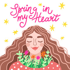 A postcard with lettering Spring in my heart. A girl with a bouquet of flowers