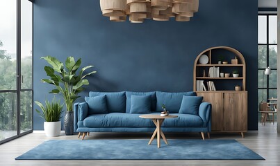 Home interior mockup with blue sofa wooden table and decor in blue living room
