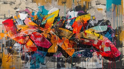Abstract Oil painting, graffiti walls, vibrant urban art, golden hour, wide lens, textured rebellion.