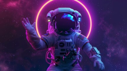 astronaut with neon circle background in space