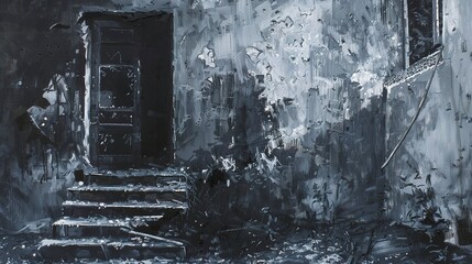Fototapeta premium Oil paint, abandoned buildings, monochrome, overcast, macro, crumbling textures. 