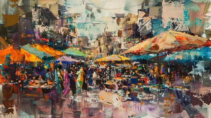 Abstract oil, bustling market, colorful chaos, midday, panoramic view, lively strokes.