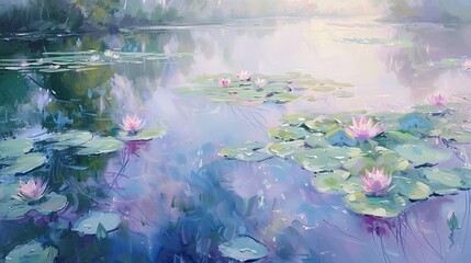 Oil paint, Monet's water lilies, soft pastels, dawn light, wide angle, gentle water ripples. 