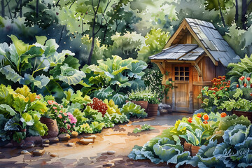 Garden cottage in watercolor.

 - obrazy, fototapety, plakaty