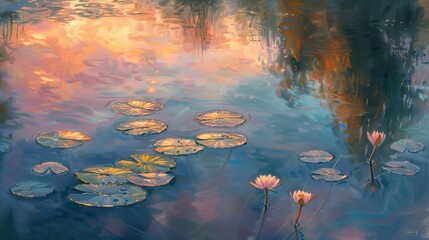Fototapeta na wymiar Oil paint, Monet's water lilies, soft pastels, dawn light, wide angle, gentle water ripples. 