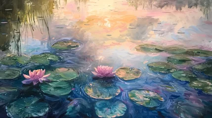 Foto op Canvas Oil paint, Monet's water lilies, soft pastels, dawn light, wide angle, gentle water ripples. © Thanthara