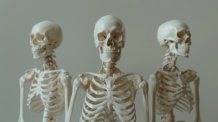 Generate a comprehensive depiction of a human skeleton, complete with anatomically precise hands and feet, set against a neutral background 