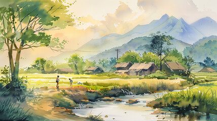 Watercolor of rural landscape.

 - obrazy, fototapety, plakaty