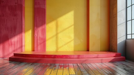 An Empty Sleek Red Cylinder Podium Set Against Yellow Wall Background