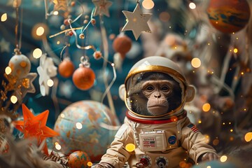 A monkey wearing a space suit standing among various Christmas decorations