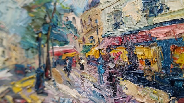 Oil painting, Renoir's bustling Paris streets, vibrant life, golden hour, close-up, lively textures. 