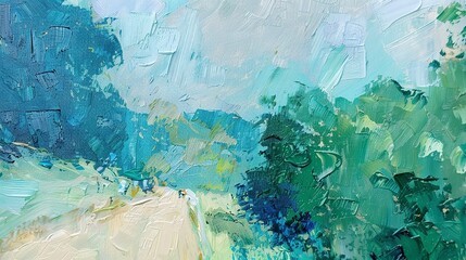 Abstract Oil painting, Pissarro's country roads, tranquil greens and blues, morning, close focus, peaceful journey.  - obrazy, fototapety, plakaty