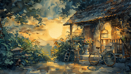 Garden cottage in watercolor.

 - obrazy, fototapety, plakaty
