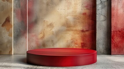 An empty sleek red cylinder podium set against dirty wall backdrop.