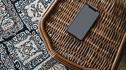 Mobile phone with blank screen on ornamental wooden table and carpet. Flat lay, top view template with copy space