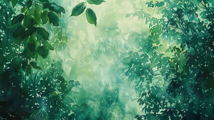 Fototapeta na wymiar Oil paint, watercolor forest, emerald greens, morning mist, macro, translucent leaves.