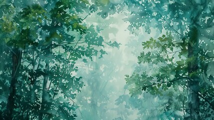 Oil paint, watercolor forest, emerald greens, morning mist, macro, translucent leaves.