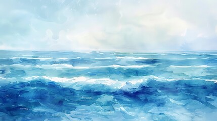 Fototapeta na wymiar Abstract Oil painting, watercolor ocean, serene blues, midday, panoramic view, soft wave patterns. 