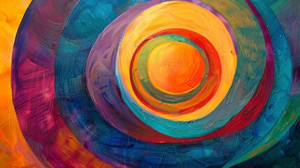 Abstract Oil painting, concentric circles, vibrant hues, twilight, close-up, hypnotic patterns.
