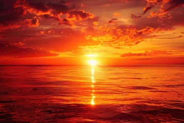 Gordijnen Sunset Water. Red Sky Over Tranquil Ocean Landscape © AIGen
