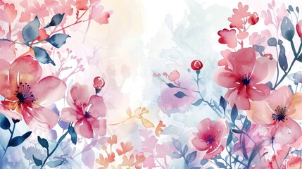 Holiday Decorative. Watercolor Illustration of Pink Spring Flowers in Garden