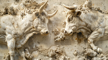 Fototapeta na wymiar Bull heads bas-relief.