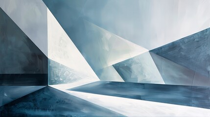 Abstract Oil painting, minimalist triangles, cool shades, midday, panoramic view, sleek lines. 