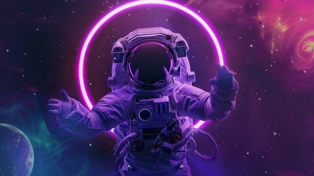 astronaut with a neon circle in space. concept wallpaper in high resolution and high quality. ASTRONAUT,neon,futuristic,retro,space