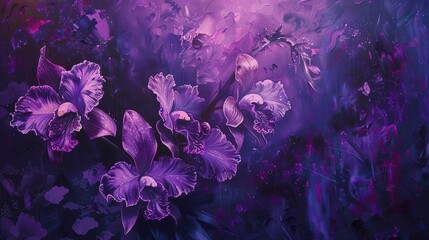 Oil paint, surreal orchids, mystical purples, night glow, macro, ethereal shimmer. 