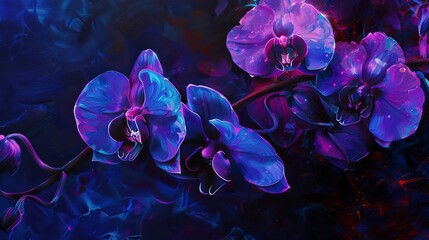 Oil paint, surreal orchids, mystical purples, night glow, macro, ethereal shimmer.  - obrazy, fototapety, plakaty