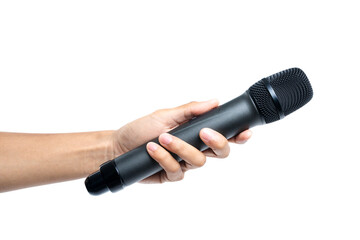 Man hand holding a wireless microphone isolated on white background with clipping path.