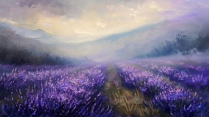 Oil painting, lavender whirl, cool lavenders, morning mist, wide angle, swaying rhythm. 