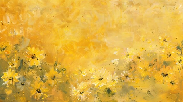 Abstract Oil painting, daisy field dream, sunny yellows, midday light, wide lens, scattered blooms.