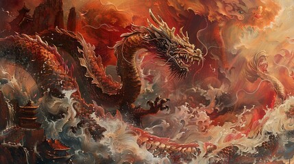 Oil paint, Chinese dragons, imperial reds, twilight, panoramic angle, dynamic flow. - obrazy, fototapety, plakaty