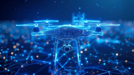 smart blue digital  hologram drone with camera , ai in aerial surveillance systems, autonomous flight navigation, remote sensing technologies, and disaster response coordination.

